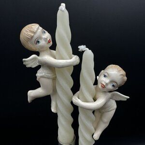 Vintage Ceramic Pixie Angel Christmas Candle Huggers Rare MCM White Luster